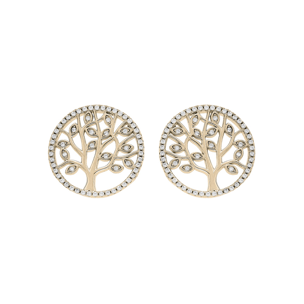 Boucles d\'oreille en plaqu� or arbre de vie 12mm oxydes blancs sertis et fermoir poussette - Vue 1
