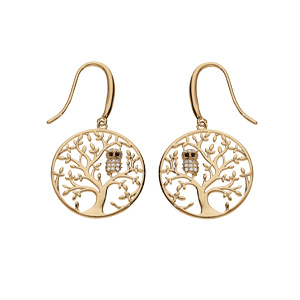 Boucles d\'oreille en plaqu or arbre de vie avec hibou ou chouette empierr et fermoir crochet - Vue 1