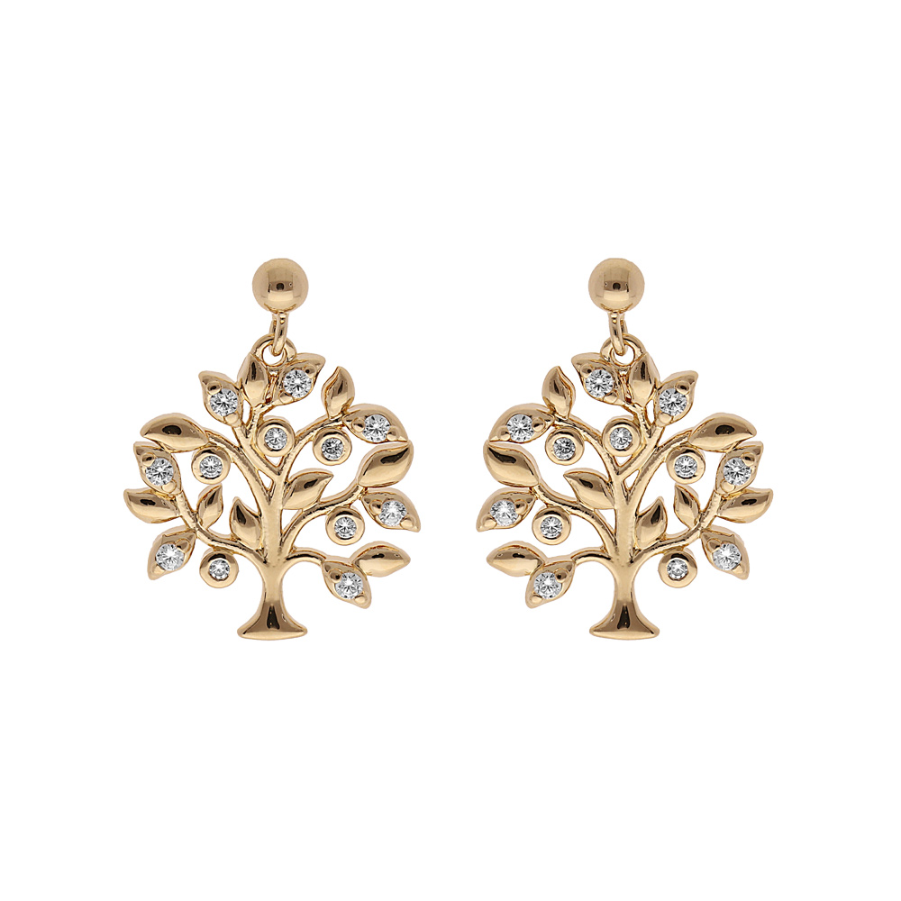 Boucles d\'oreille en plaqu� or arbre de vie avec oxydes blancs sertis suspendu et fermoir poussette - Vue 1