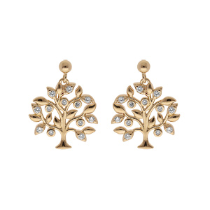 Boucles d\'oreille en plaqu or arbre de vie avec oxydes blancs sertis suspendu et fermoir poussette - Vue 1