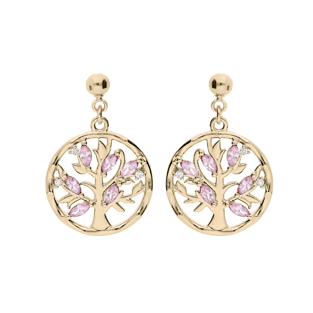 Boucles d\'oreille en plaqu or arbre de vie avec oxydes roses et fermoir poussette - Vue 1
