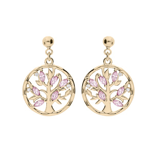 Boucles d\'oreille en plaqu or arbre de vie avec oxydes roses et fermoir poussette - Vue 1