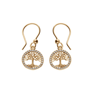 Boucles d\'oreille en plaqu or arbre de vie contour oxydes blancs sertis, fermoir crochet - Vue 1