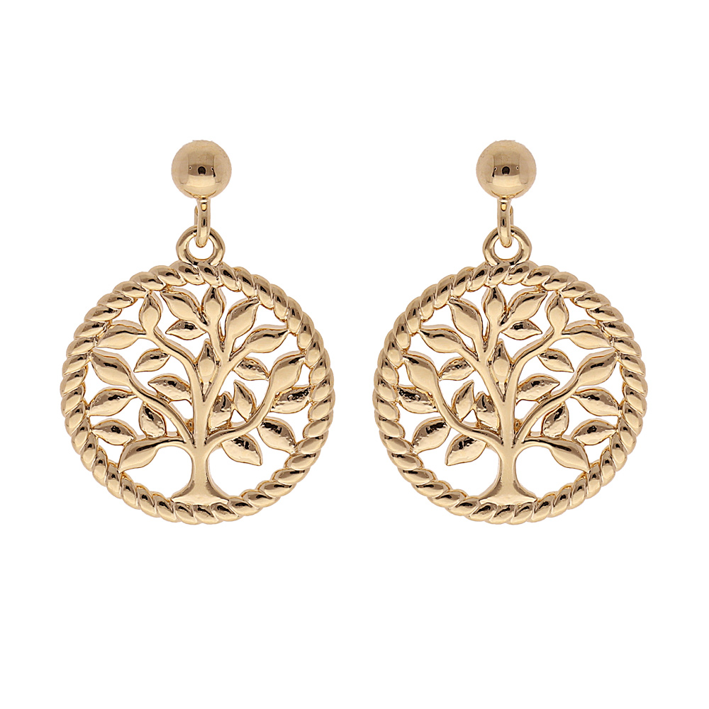 Boucles d\'oreille en plaqu� or arbre de vie contour perl� suspendu et fermoir poussette - Vue 1