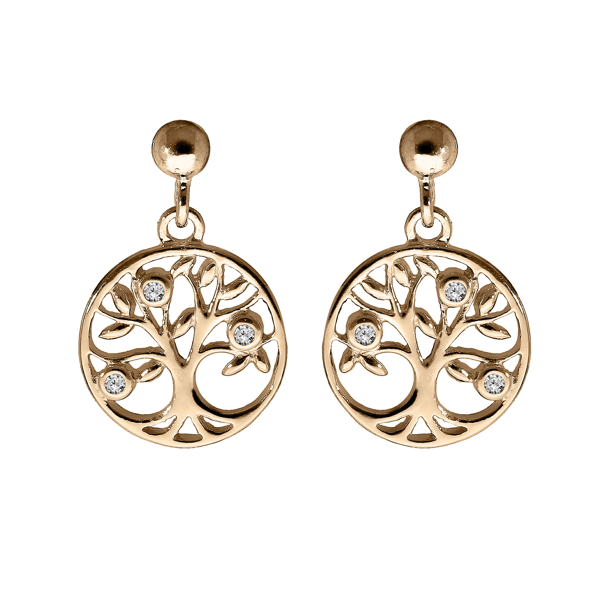 Boucles D'oreilles Puces Arbre De Vie - Plaqué Or Jaune 750 - Zircon Blanc - Bijouterie Papillon Bleu - Neuf étiqueté