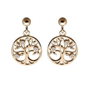 Boucles d\'oreille en plaqu or arbre de vie oxydes blancs sertis et fermoir poussette - Vue 1