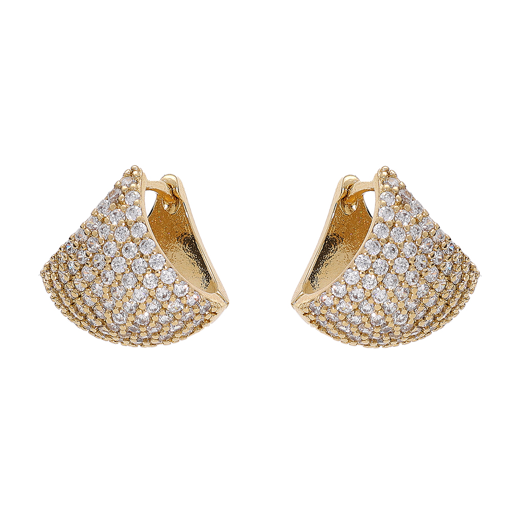 Boucles d\'oreille en plaqu� or articul�e pav� d\'oxydes blancs sertis et fermoir poussette - Vue 1