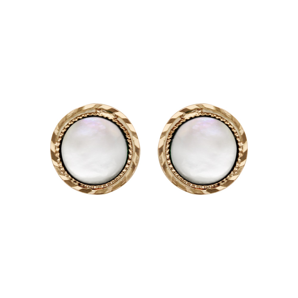 Boucles d\'oreille en plaqu� or avec pierre en nacre blanche v�ritable cercl�e et fermoir poussette - Vue 1