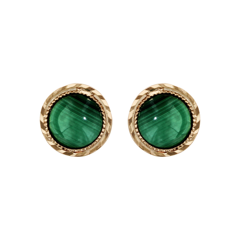 Boucles d\'oreille en plaqu� or avec pierre Malachite v�ritable cercl�e et fermoir poussette - Vue 1