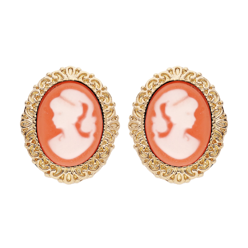 Boucles d\'oreille en plaqu� or Cam�e sur fond rose et fermoir poussette - Vue 1