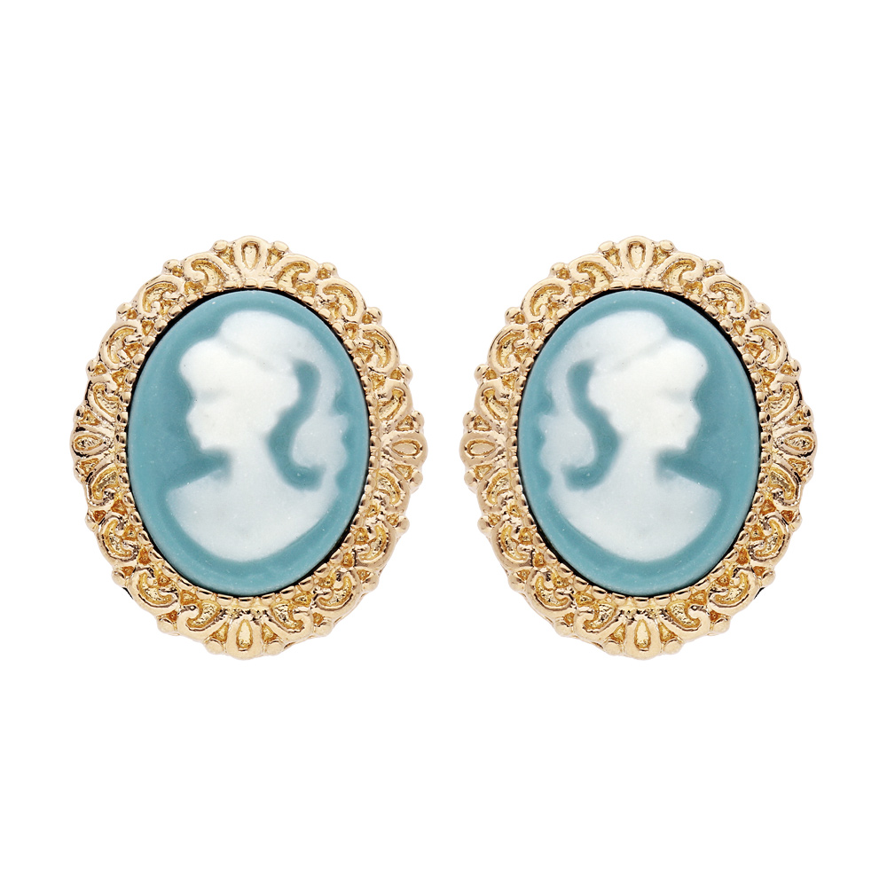 Boucles d\'oreille en plaqu� or Cam�e sur fond turquoise et fermoir poussette - Vue 1