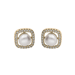 Boucles d\'oreille en plaqu or carr oxydes blancs avec Perle de culture d\'eau douce blanche et fermoir poussette - Vue 1