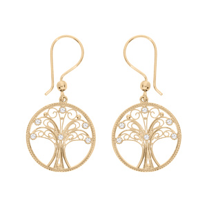 Boucles d\'oreille en plaqu or cercle avec arbre de vie filigrane suspendu et oxydes blancs sertis et fermoir crochet - Vue 1