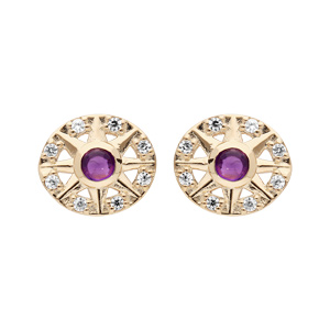 Boucles d\'oreille en plaqu or cercle d\'oxydes blancs et coeur Amethyste vritable et fermoir poussette - Vue 1