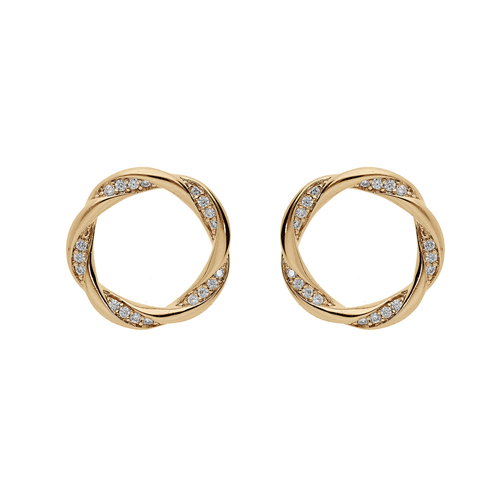 Boucles d\'oreille en plaqu or cercle torsade avec oxydes blancs sertis et fermoir poussette - Vue 1