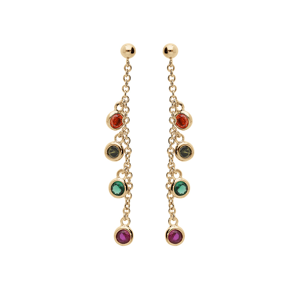 Boucles d\'oreille en plaqu� or cha�nette avec pampilles ronde oxydes sertis multi couleurs et fermoir poussette - Vue 1
