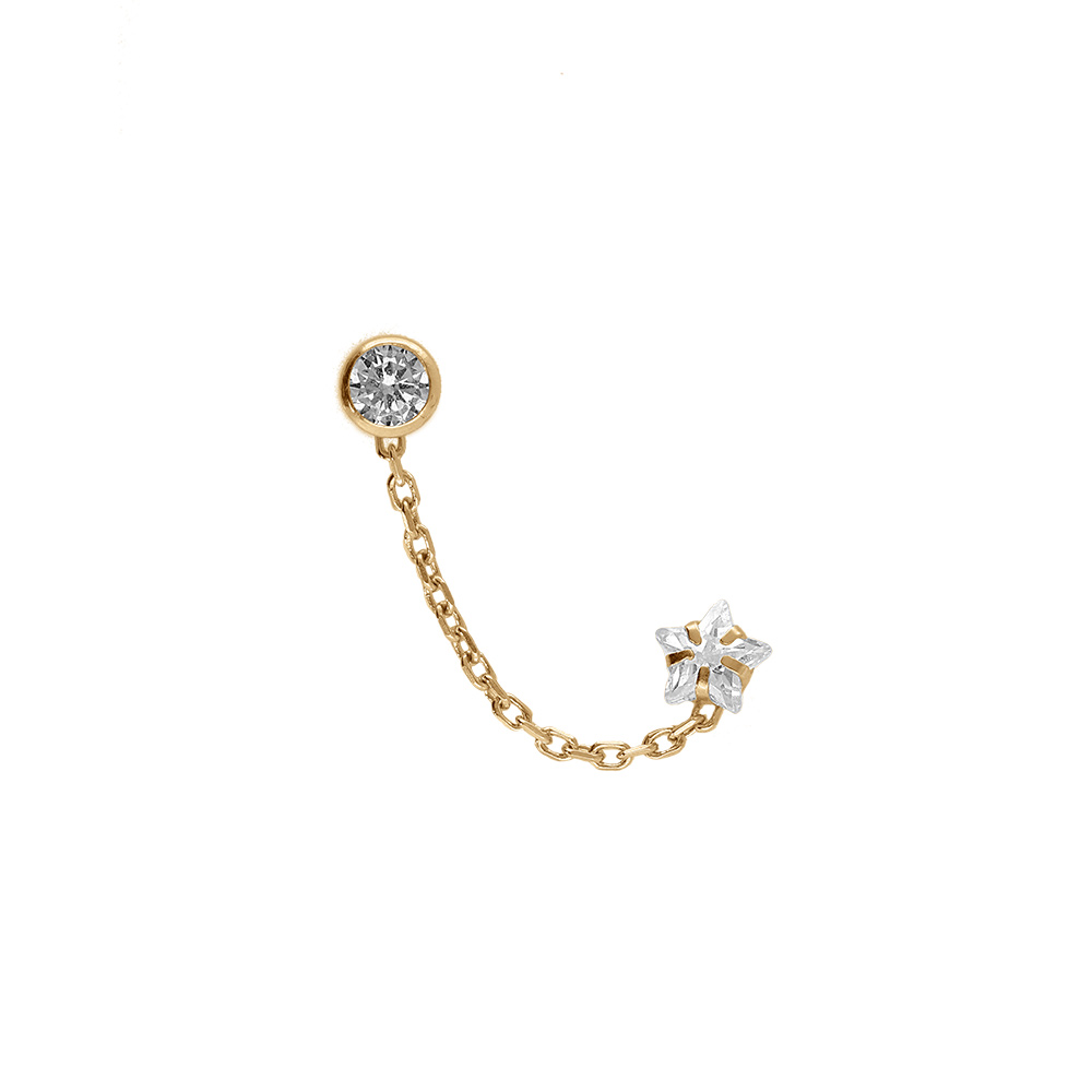Boucles d\'oreille en plaqu� or cha�nette oxyde blanc serti clos 4mm et etoile oxyde blanc serti (2 trous) - Vue 1