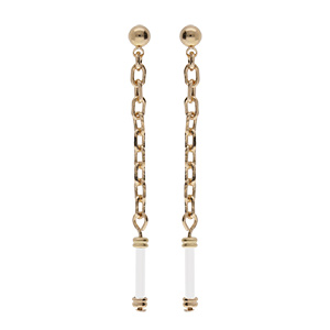 Boucles d\'oreille en plaqu or chanette pendante tube blanc et fermoir poussette - Vue 1