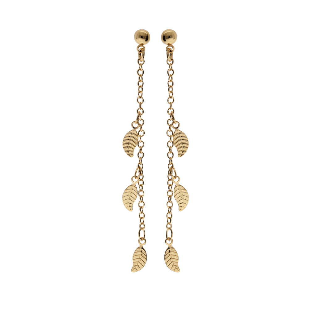 Boucles d\'oreille en plaqu� or cha�nette suspendue avec feuilles et fermoir poussette - Vue 1
