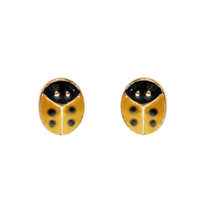Boucles d\'oreille en plaqué or coccinelle jaune avec point noir et fermoir poussette - Vue 1