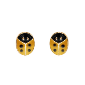 Boucles d\'oreille en plaqu or coccinelle jaune avec point noir et fermoir poussette - Vue 1