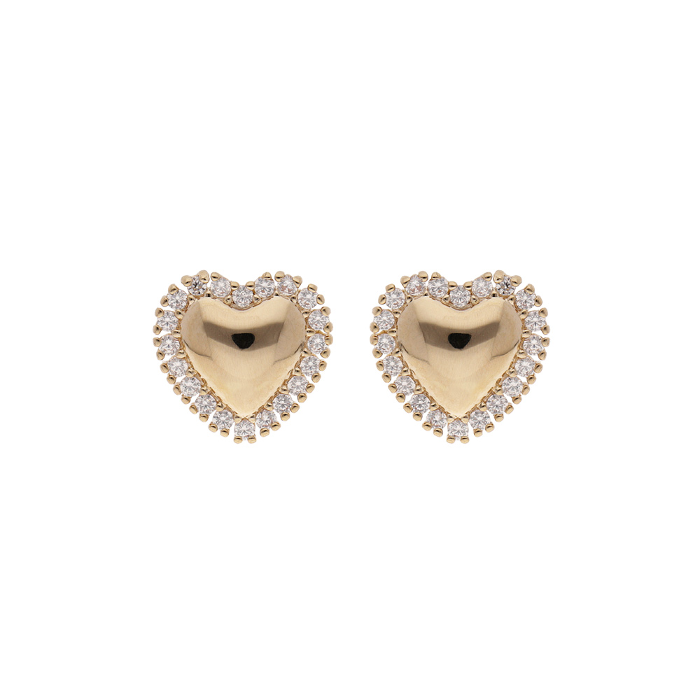 Boucles d\'oreille en plaqu� or coeur avec contour oxydes blancs sertis clos et fermoir poussette - Vue 1