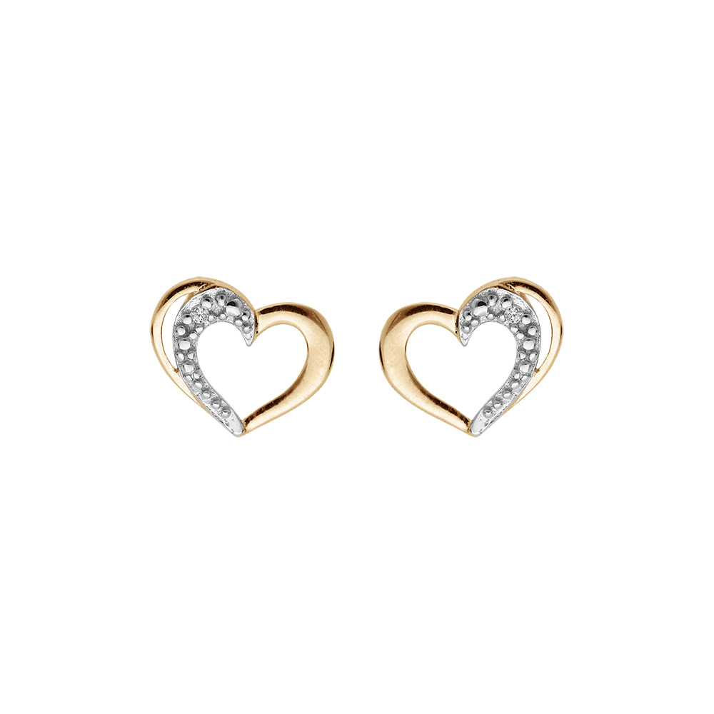 Boucles d\'oreille en plaqu or coeur avec 1 ct oxydes blancs sertis et 1 ct lisse et fermoir poussette - Vue 1