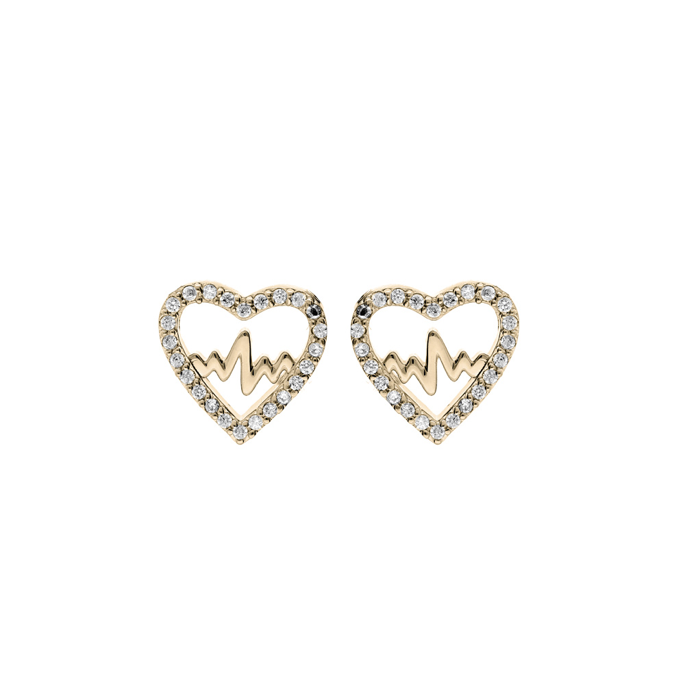 Boucles d\'oreille en plaqu� or coeur avec courbe de vie oxydes blancs sertis et fermoir poussette - Vue 1