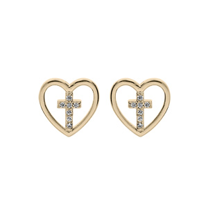 Boucles d\'oreille en plaqu or coeur avec croix oxydes blancs sertis et fermoir poussette - Vue 1