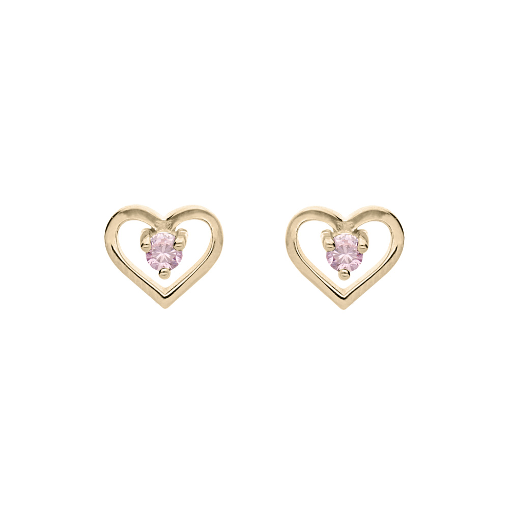 Boucles d\'oreille en plaqu� or coeur avec oxyde rose et fermoir poussette - Vue 1