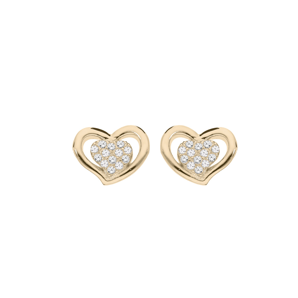 Boucles d\'oreille en plaqu� or coeur �vid� avec centre en oxydes blancs sertis et fermoir poussette - Vue 1