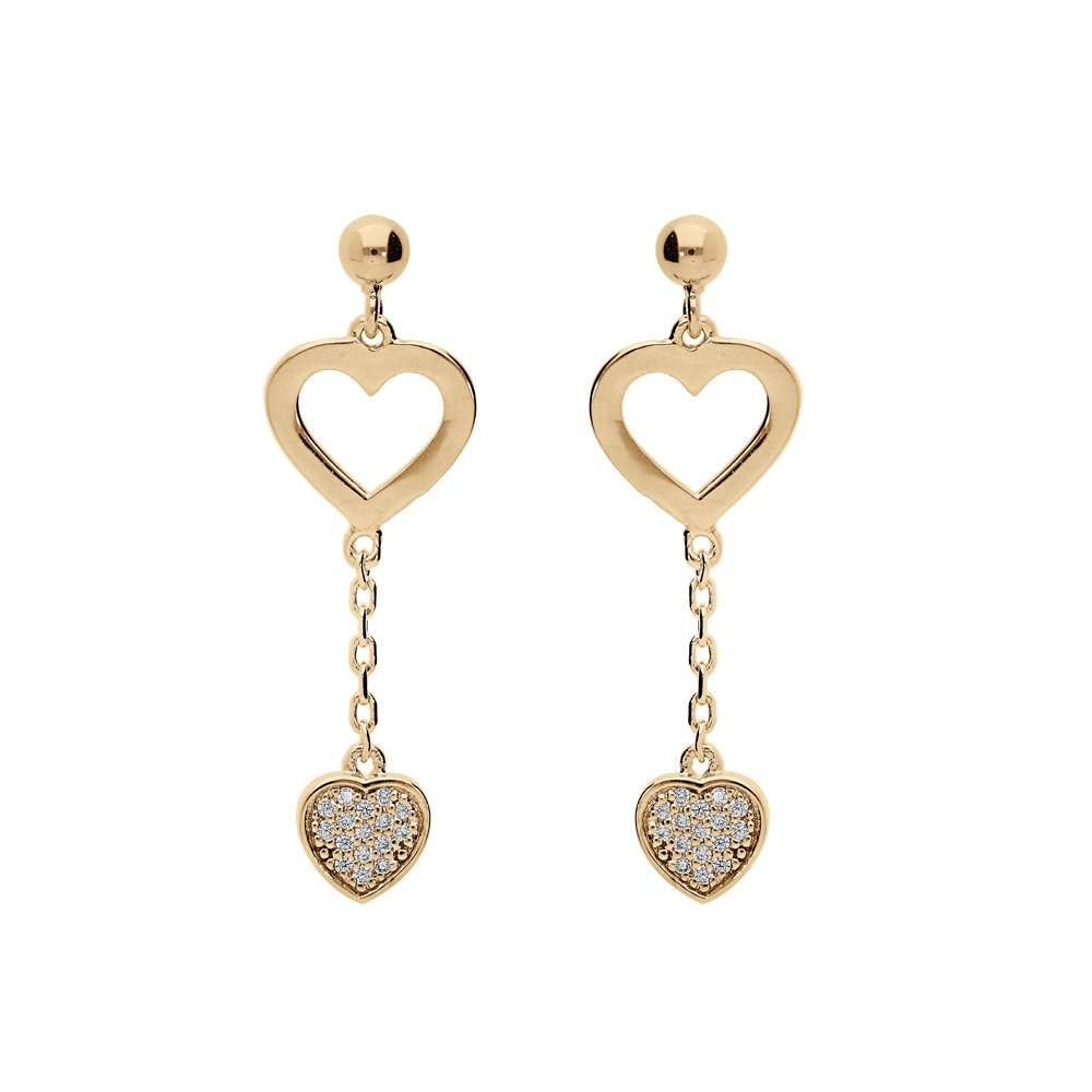 Boucles d\'oreille en plaqu� or coeur �vid� et coeur avec oxydes blancs sertis et fermoir poussette - Vue 1