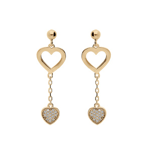 Boucles d\'oreille en plaqu or coeur vid et coeur avec oxydes blancs sertis et fermoir poussette - Vue 1