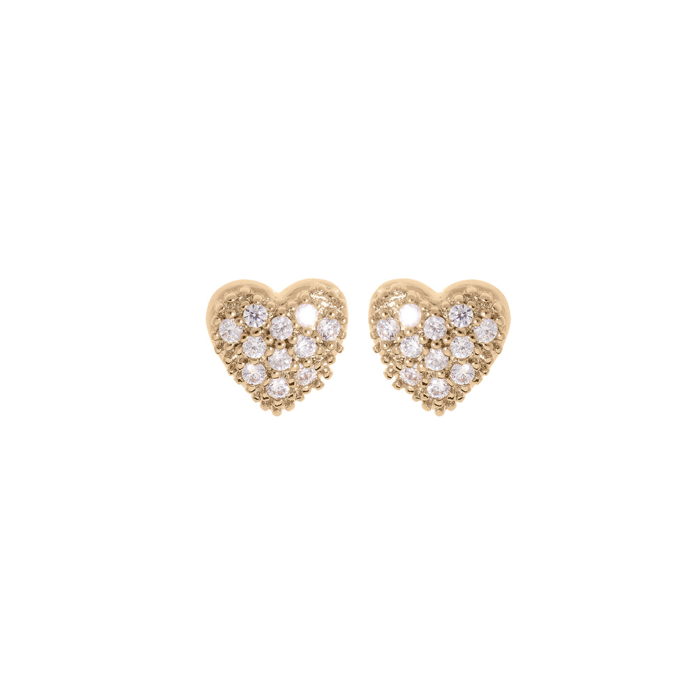 Boucles d\'oreille en plaqu� or coeur pav� d\'oxydes blancs sertis et fermoir poussette - Vue 1