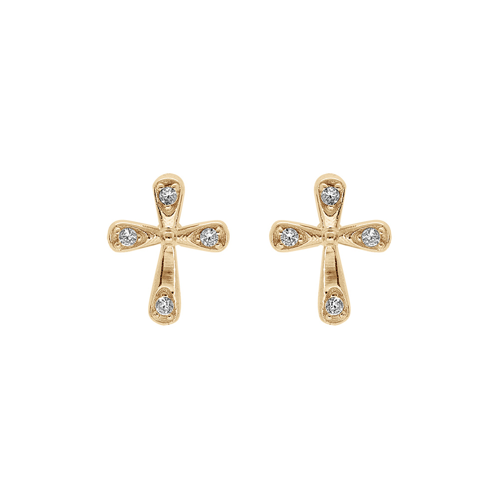 Boucles d\'oreille en plaqu� or croix 0.6 x 0.80mm avec oxydes blancs sertis et fermoir poussette - Vue 1