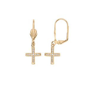 Boucles d\'oreille en plaqu or croix avec oxydes blancs sertis suspendues et fermoir dormeuse - Vue 1