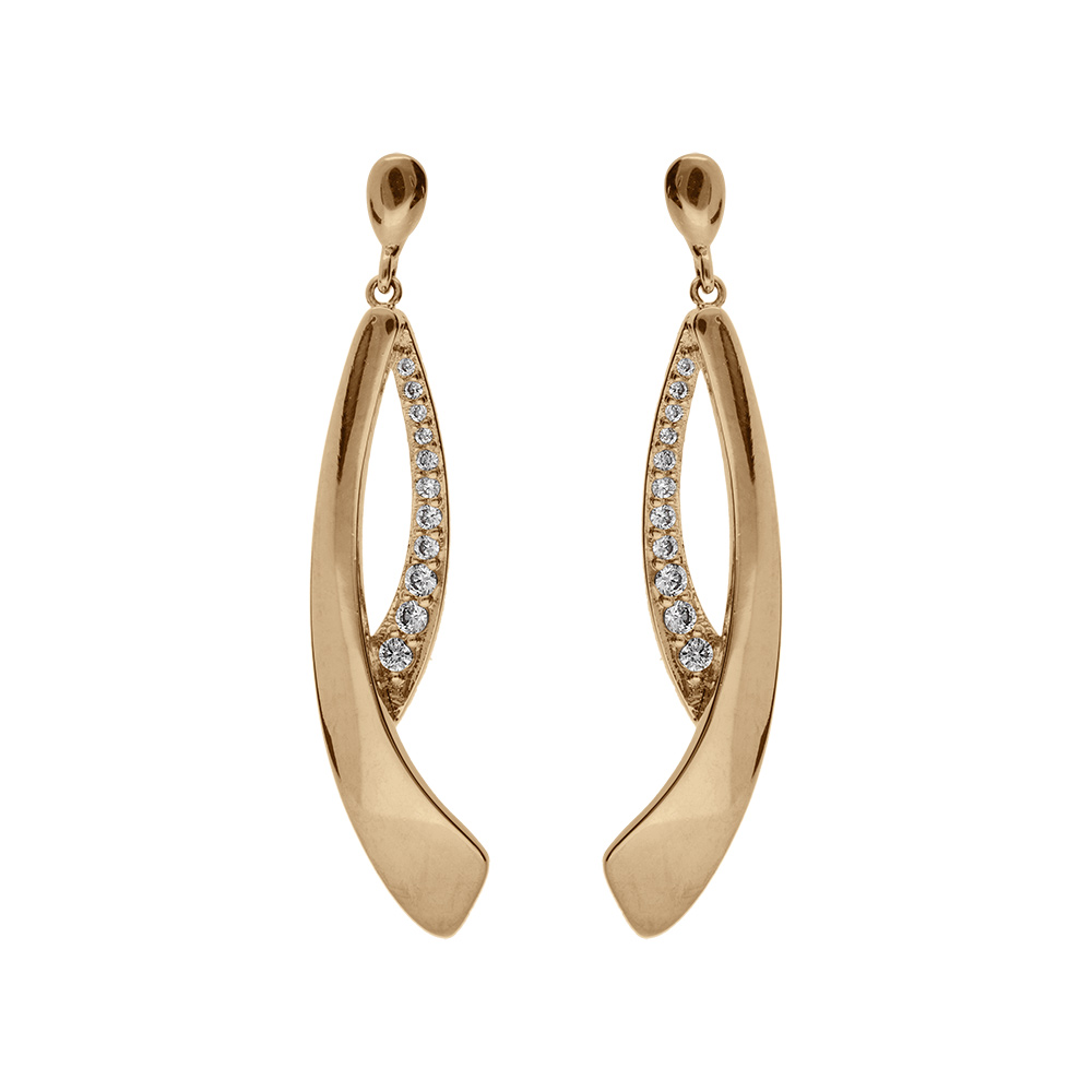 Boucles d\'oreille en plaqu� or, deux branches avec oxydes blancs sertis - Vue 1