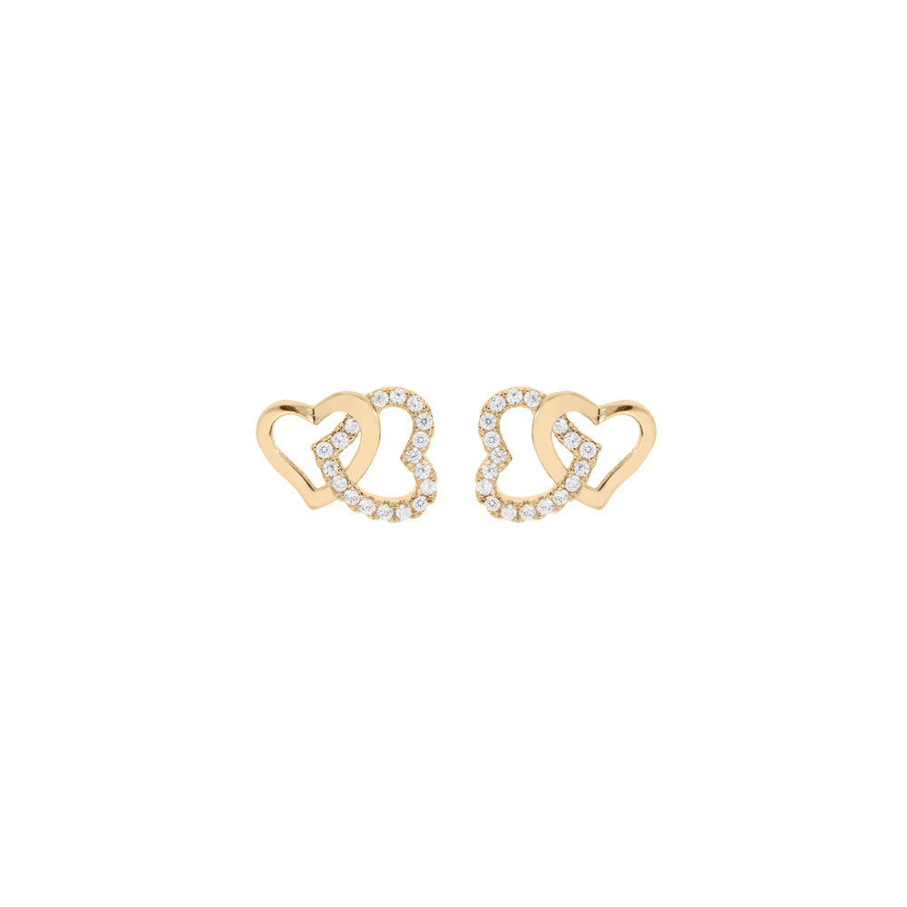Boucles d\'oreille en plaqu� or double coeur entrelac� oxydes blancs sertis et fermoir poussette - Vue 1