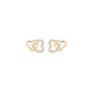 Boucles d\'oreille en plaqu or double coeur entrelac oxydes blancs sertis et fermoir poussette - Vue 1