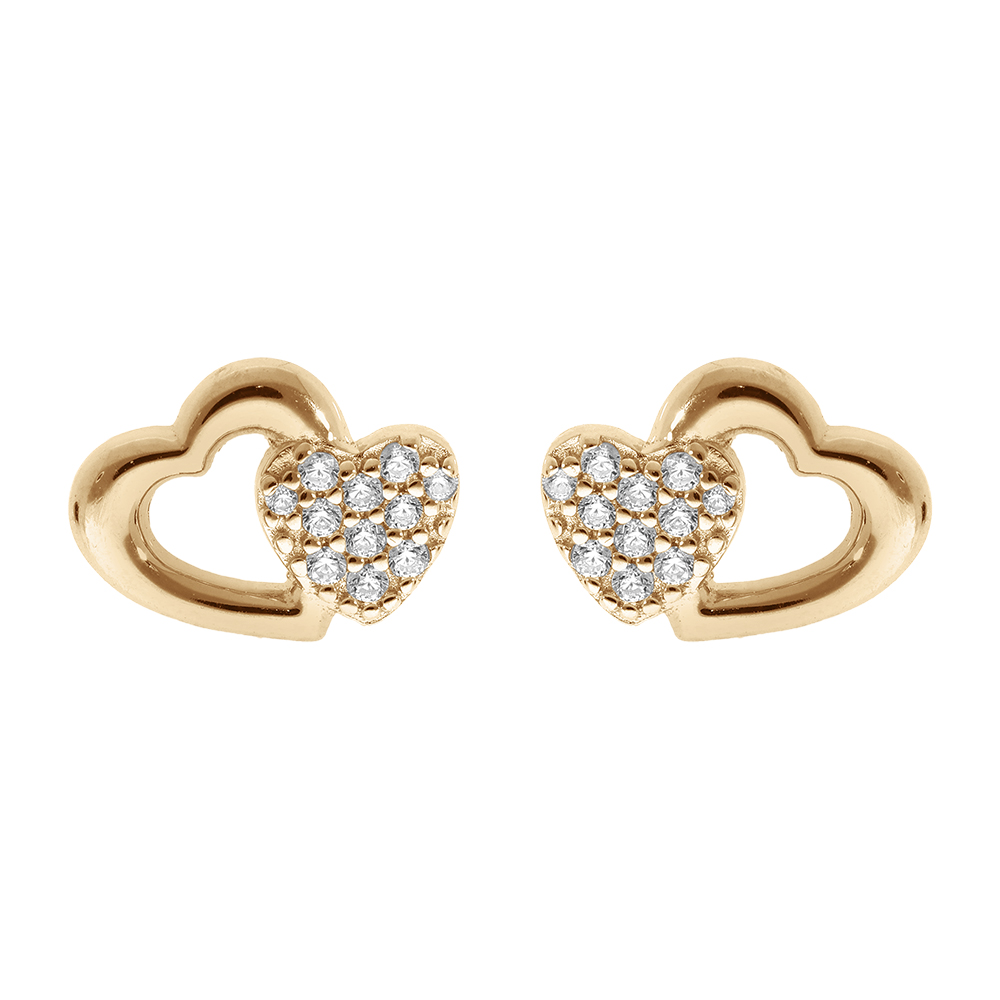 Boucles d\'oreille en plaqu� or double coeurs oxydes blancs sertis et fermoir poussette - Vue 1