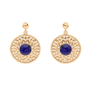 Boucles d\'oreille en plaqué or ethnique rond suspendu Lapis Lazuli véritable et fermoir poussette - Vue 1