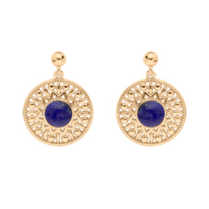 Boucles d\'oreille en plaqu or ethnique rond suspendu Lapis Lazuli vritable et fermoir poussette - Vue 1