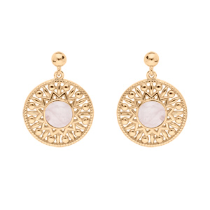 Boucles d\'oreille en plaqu or ethnique rond suspendu Quartz rose vritable et fermoir poussette - Vue 1