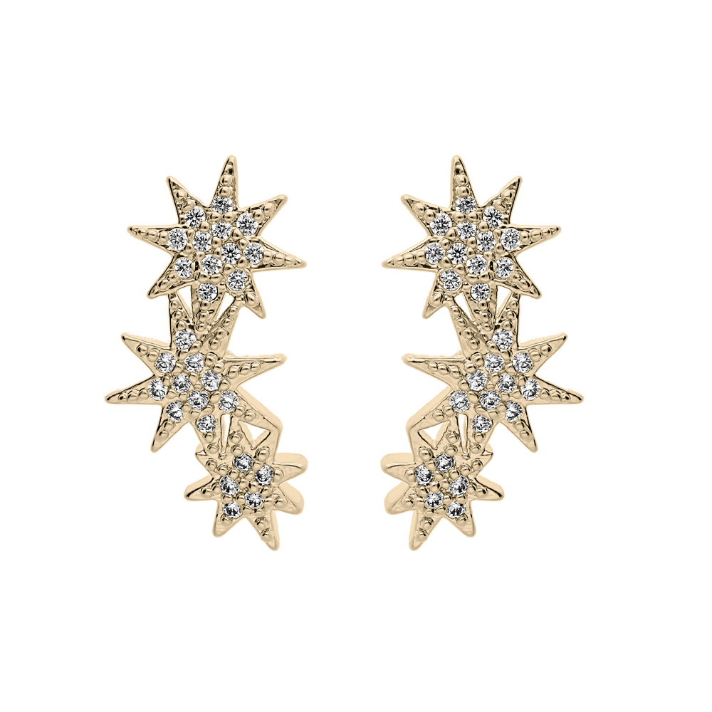 Boucles d\'oreille en plaqu� or 3 �toiles oxydes blancs sertis et fermoir poussette - Vue 1