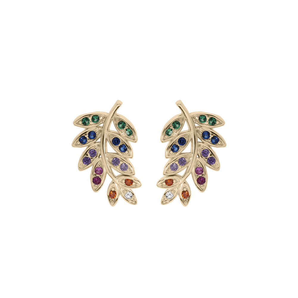 Boucles d\'oreille en plaqu� or feuille avec oxydes multi couleurs sertis et fermoir poussette - Vue 1