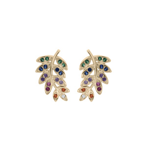 Boucles d\'oreille en plaqu or feuille avec oxydes multi couleurs sertis et fermoir poussette - Vue 1