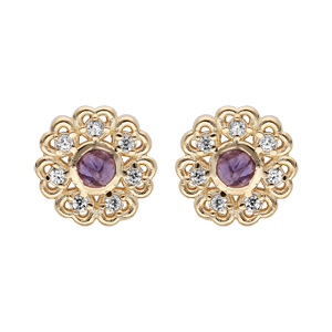 Boucles d\'oreille en plaqu or fleur avec coeur Iolite vritable contour oxydes blancs sertis et fermoir poussette - Vue 1