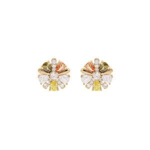 Boucles d\'oreille en plaqu or fleur avec oxydes multi couleurs et fermoir poussette - Vue 1