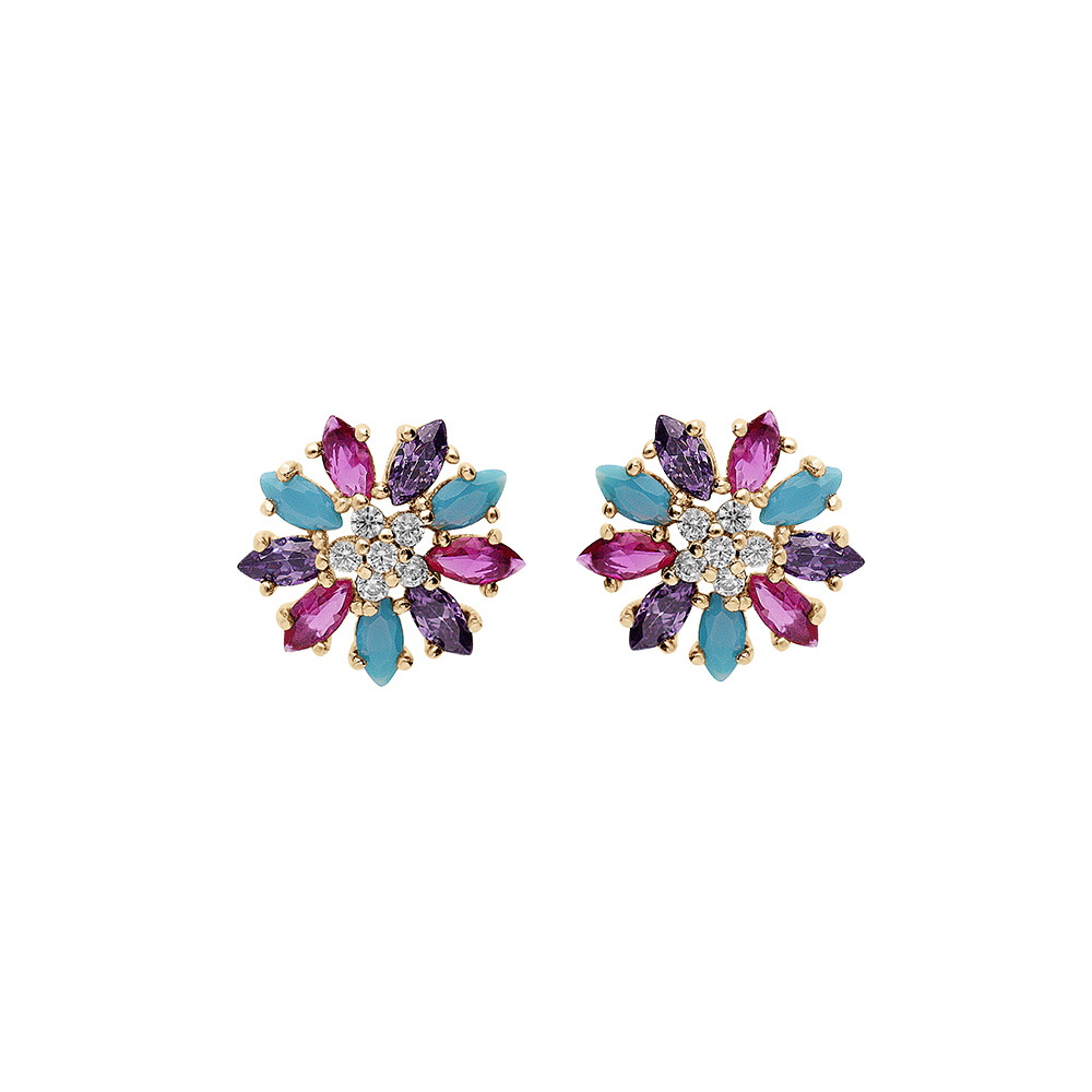 Boucles d\'oreille en plaqu� or fleur oxydes multi couleurs et fermoir poussette - Vue 1