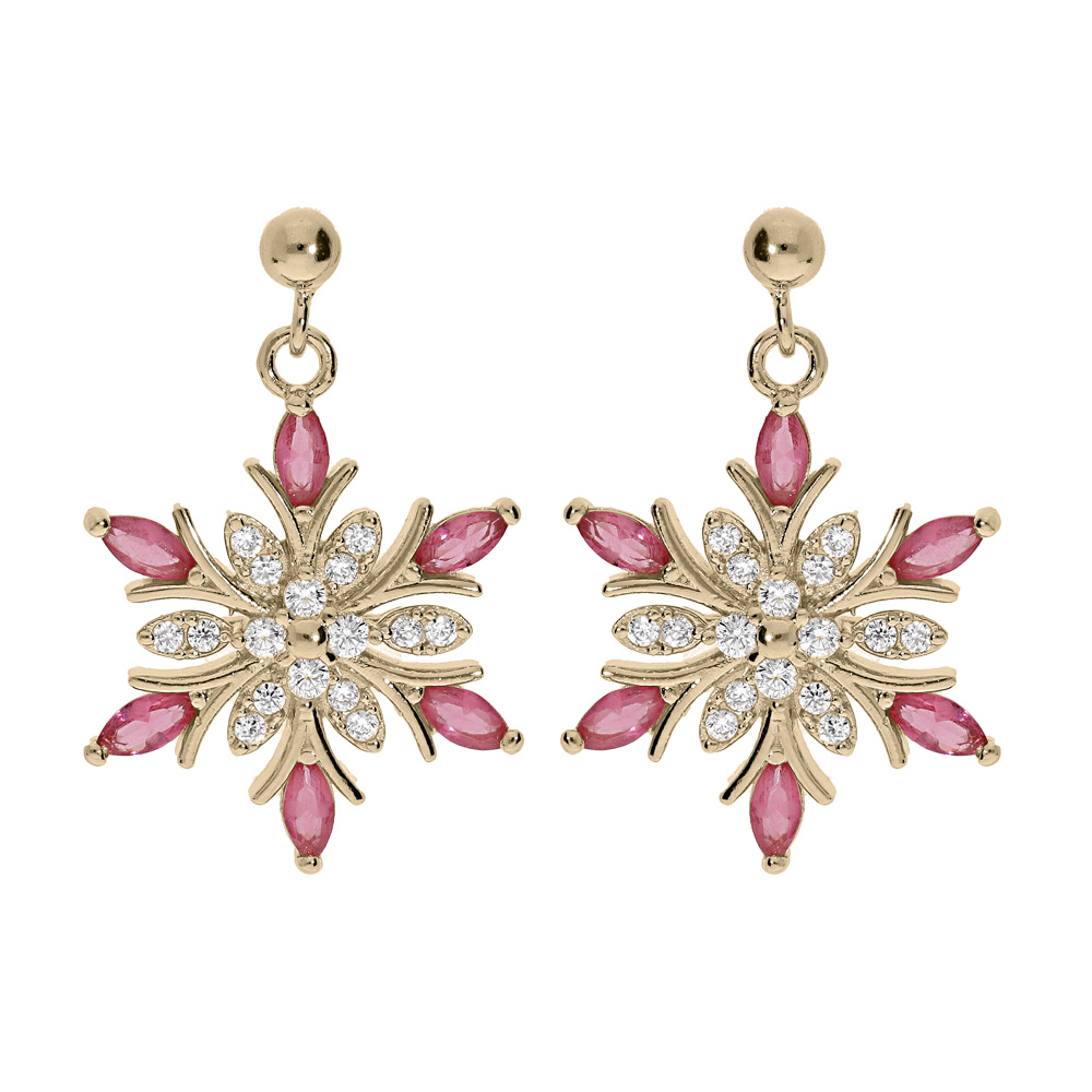Boucles d\'oreille en plaqu� or flocon de neige suspendus avec oxydes blancs et roses - Vue 1